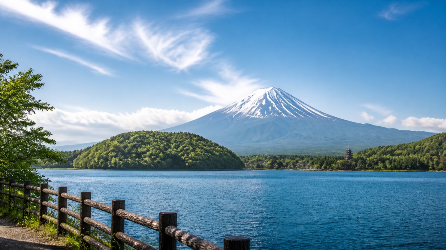 湖と緑の丘の向こうに広がる夏の富士山