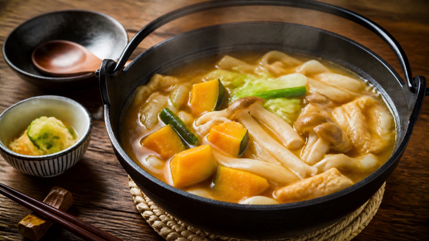 かぼちゃと野菜が入った熱々の山梨ほうとう
