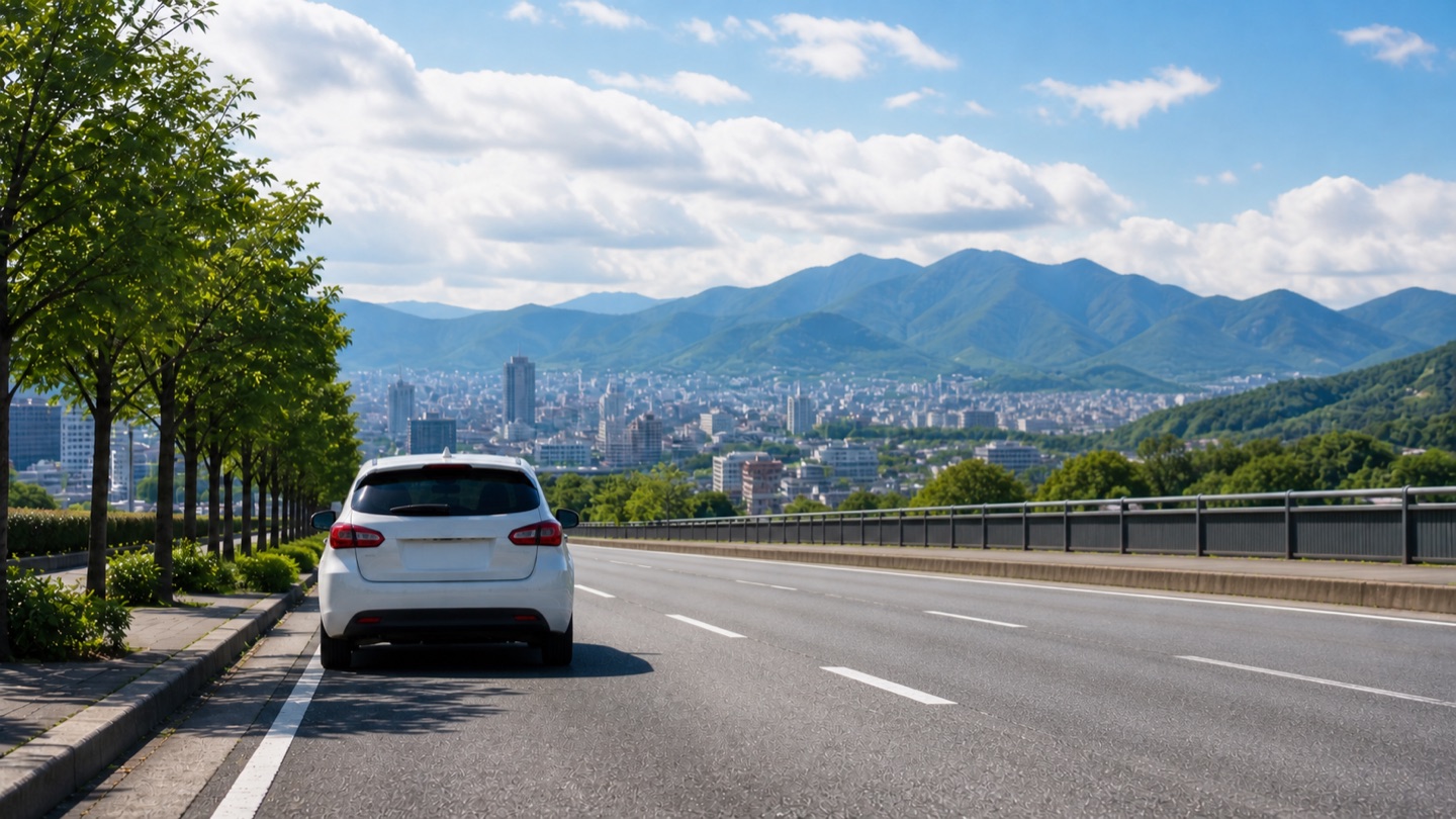 左車線を走り、山梨の山並みに向かう白いレンタカー