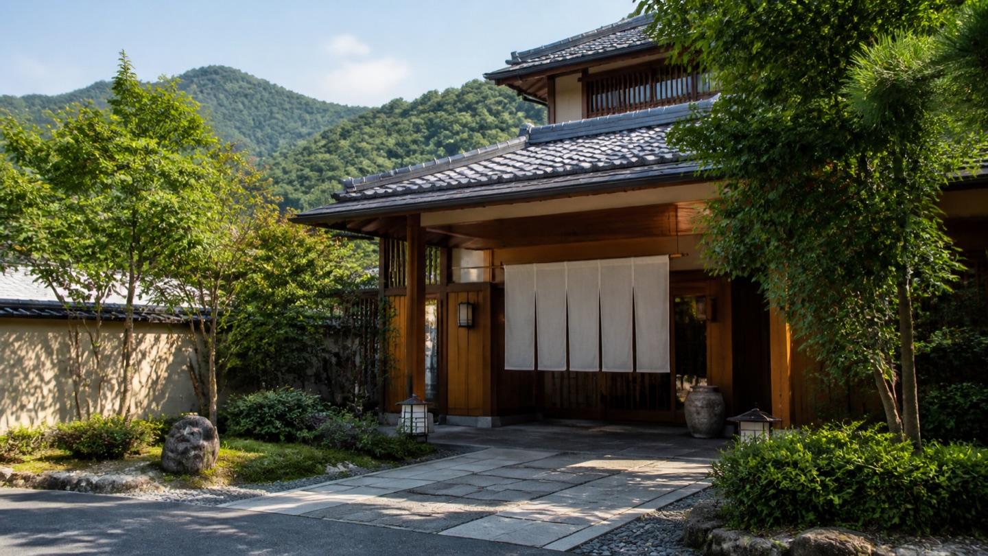 山あいの緑に包まれた静かな旅館の外観