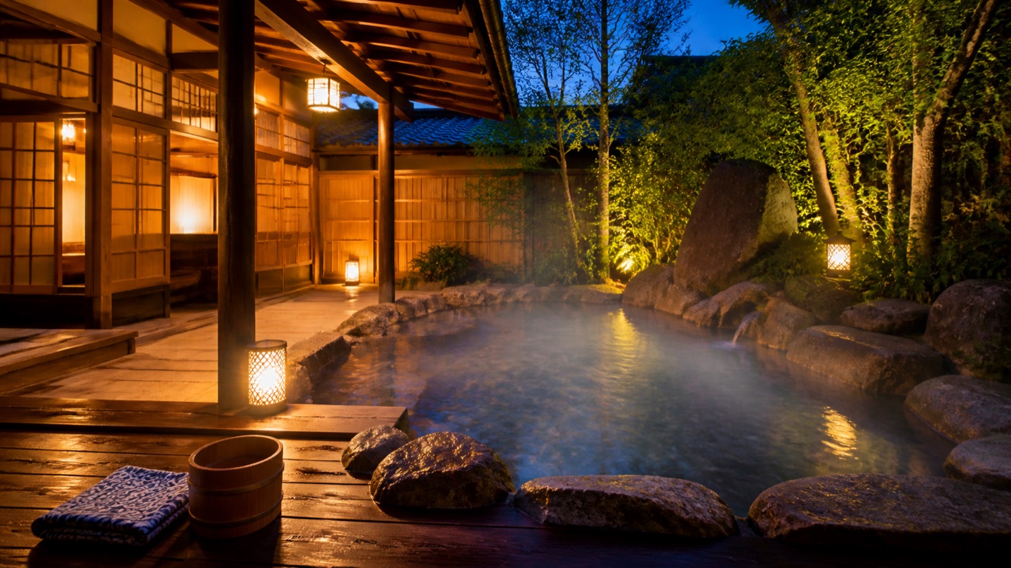 灯りに包まれた静かな旅館の露天風呂